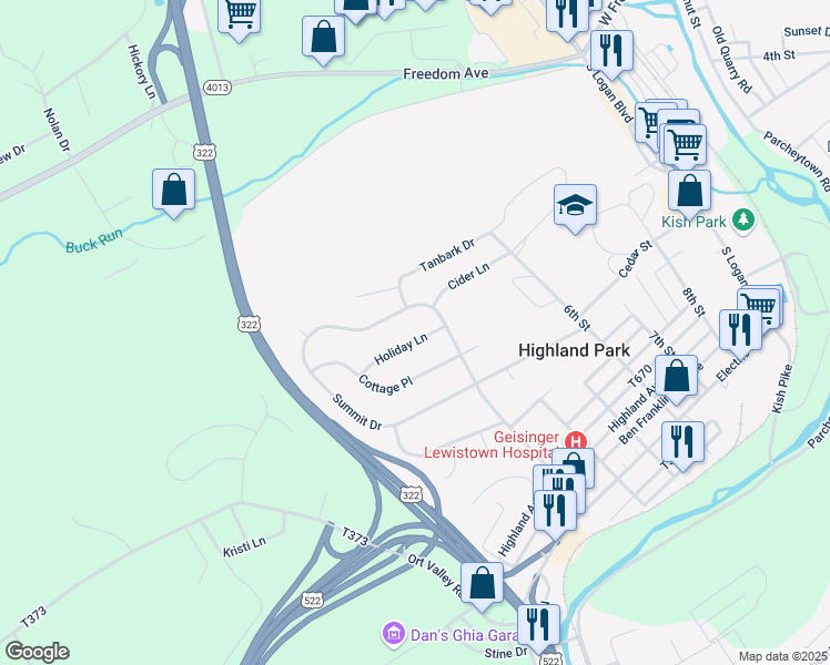 map of restaurants, bars, coffee shops, grocery stores, and more near 324 Holiday Lane in Lewistown