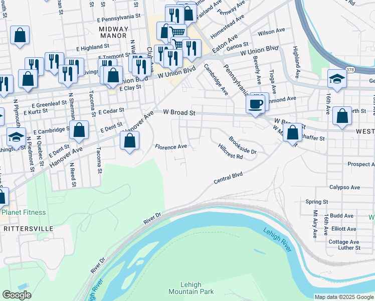 map of restaurants, bars, coffee shops, grocery stores, and more near 328 Grandview Boulevard in Bethlehem