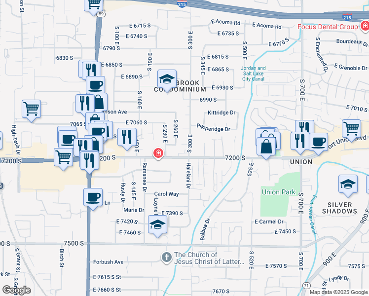 map of restaurants, bars, coffee shops, grocery stores, and more near 7150 South 300 East in Midvale
