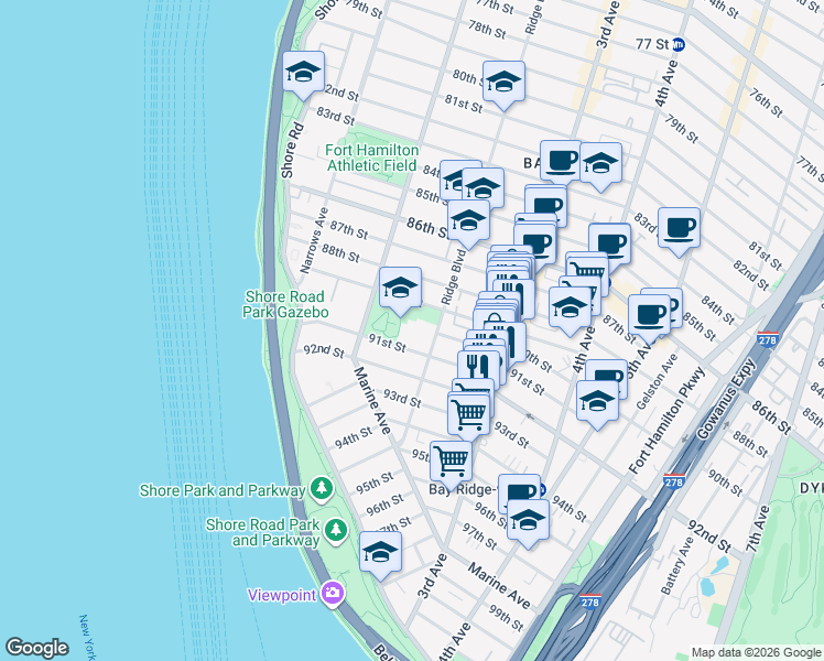 map of restaurants, bars, coffee shops, grocery stores, and more near 8902 Ridge Boulevard in Brooklyn