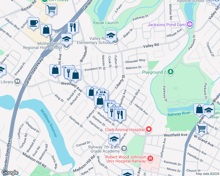 map of restaurants, bars, coffee shops, grocery stores, and more near 73 Fulton Street in Clark