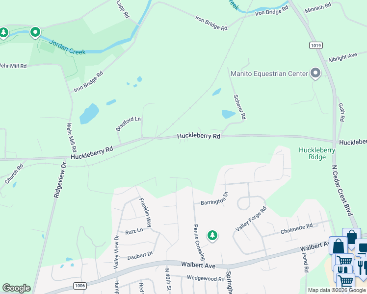 map of restaurants, bars, coffee shops, grocery stores, and more near 3750 Huckleberry Road in Allentown