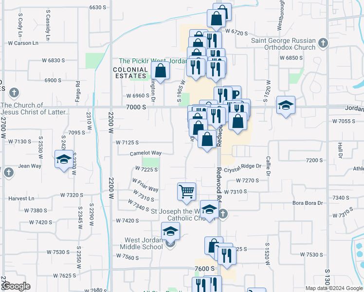 map of restaurants, bars, coffee shops, grocery stores, and more near 1865 Gold Rush Circle in West Jordan
