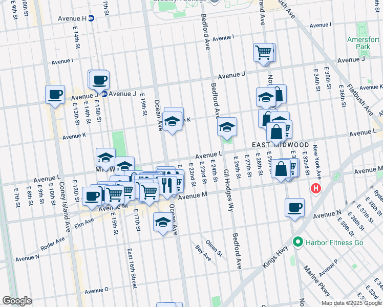 map of restaurants, bars, coffee shops, grocery stores, and more near 2215 Avenue L in Brooklyn