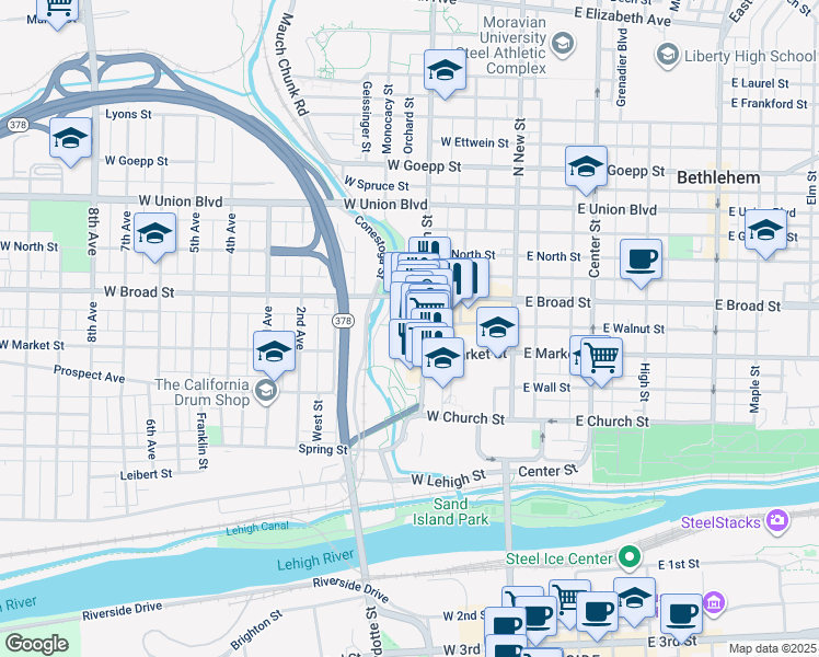 map of restaurants, bars, coffee shops, grocery stores, and more near 535 Main Street in Bethlehem