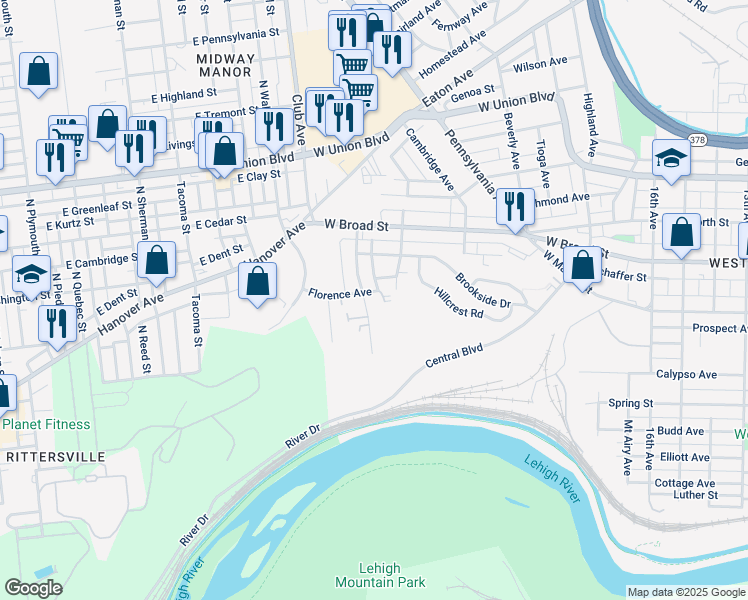 map of restaurants, bars, coffee shops, grocery stores, and more near 328 Grandview Boulevard in Bethlehem