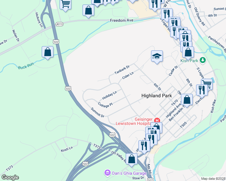 map of restaurants, bars, coffee shops, grocery stores, and more near 324 Holiday Lane in Lewistown