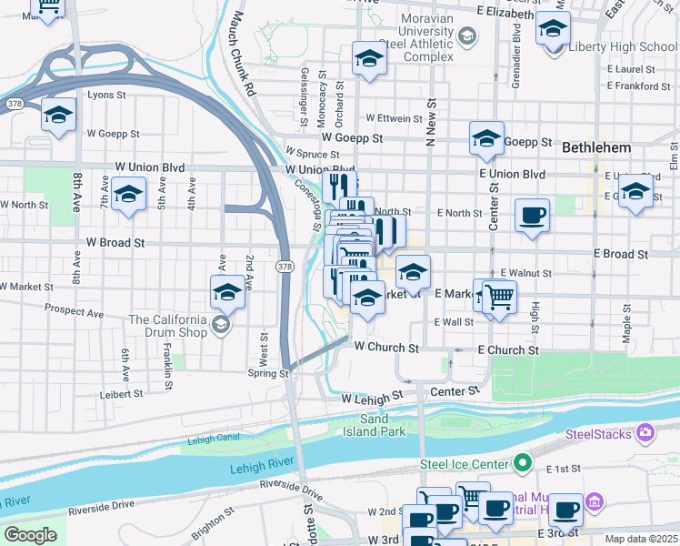 map of restaurants, bars, coffee shops, grocery stores, and more near 533 Main Street in Bethlehem