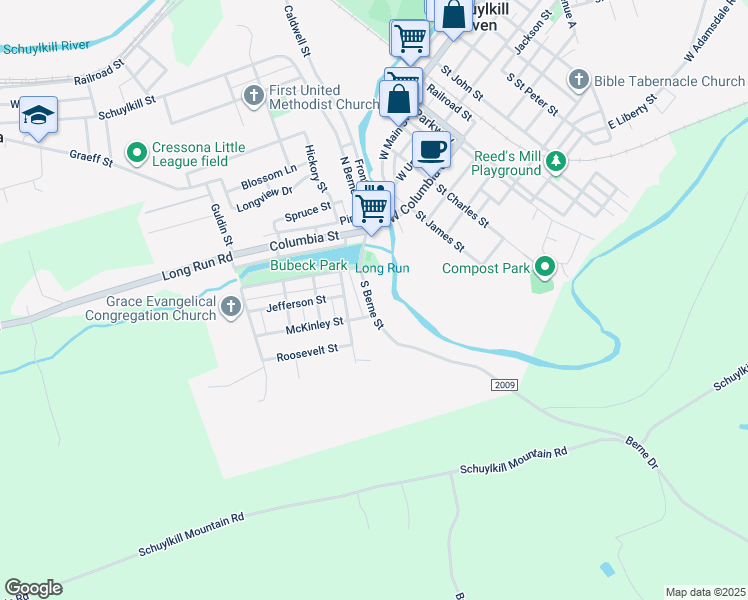 map of restaurants, bars, coffee shops, grocery stores, and more near 82 South Berne Street in Schuylkill Haven