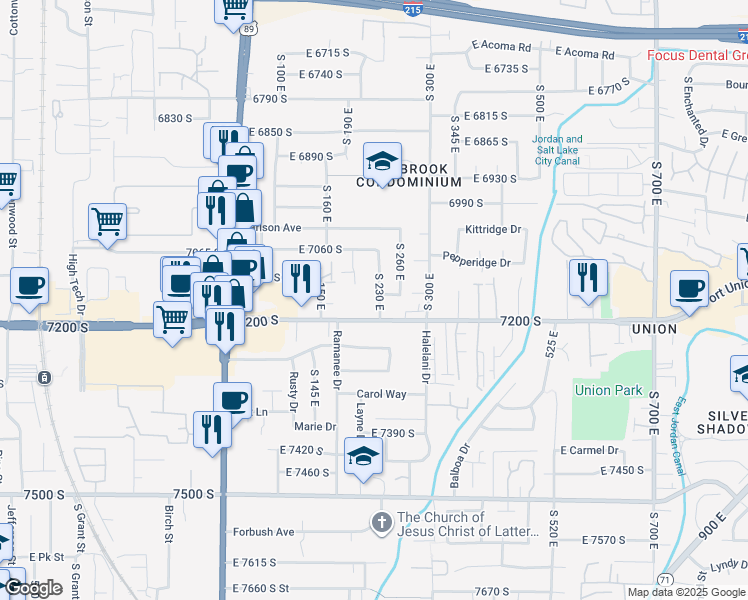 map of restaurants, bars, coffee shops, grocery stores, and more near 7172 South 230 East in Midvale