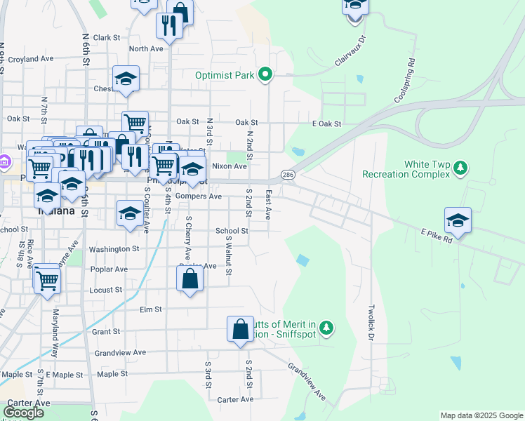 map of restaurants, bars, coffee shops, grocery stores, and more near 157 Church Street in Indiana