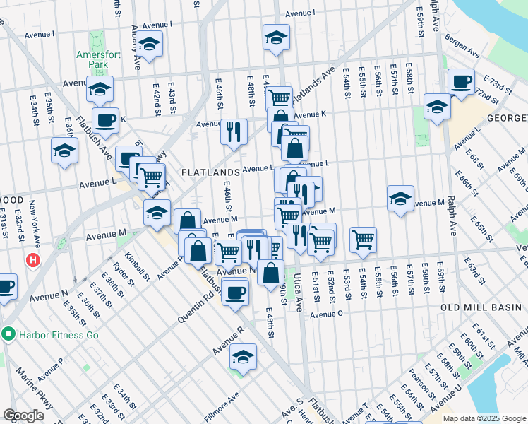 map of restaurants, bars, coffee shops, grocery stores, and more near 4801 Avenue M in Brooklyn