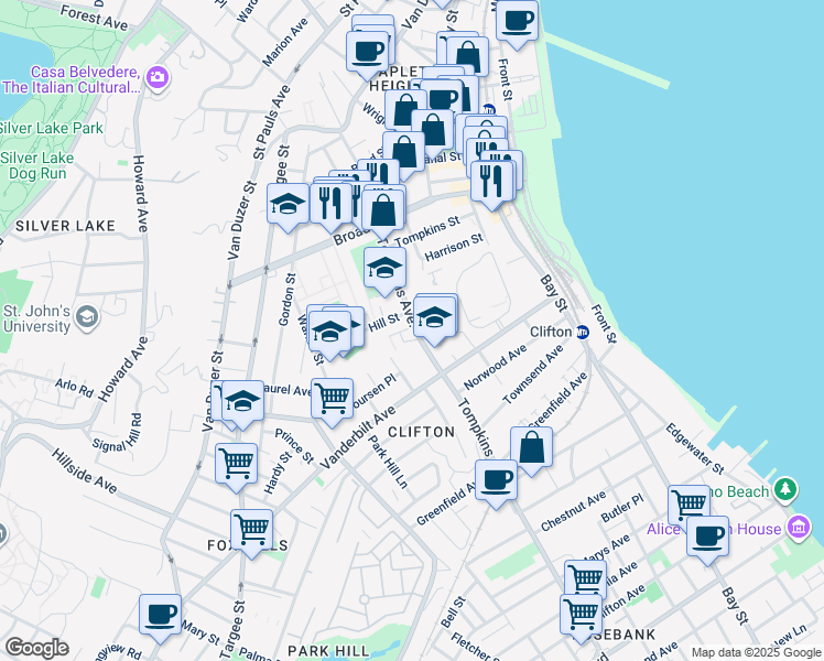map of restaurants, bars, coffee shops, grocery stores, and more near 119 Tompkins Avenue in Staten Island