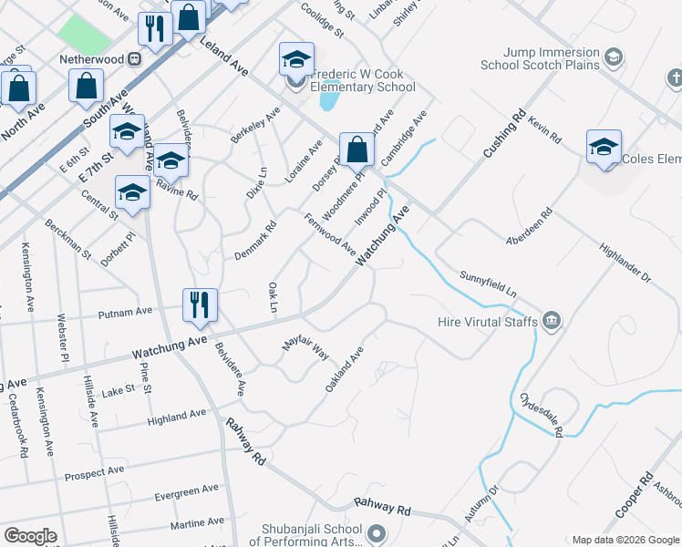 map of restaurants, bars, coffee shops, grocery stores, and more near 1775 Watchung Avenue in Plainfield
