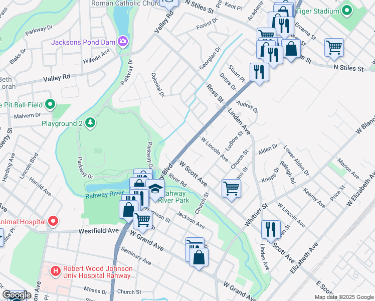 map of restaurants, bars, coffee shops, grocery stores, and more near 2109 Saint Georges Avenue in Rahway