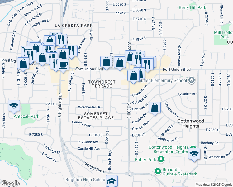 map of restaurants, bars, coffee shops, grocery stores, and more near 2245 East 7150 South in Cottonwood Heights