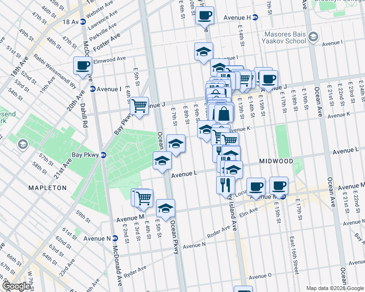 map of restaurants, bars, coffee shops, grocery stores, and more near 1209 E 7th St in Brooklyn