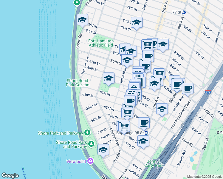 map of restaurants, bars, coffee shops, grocery stores, and more near 8902 Ridge Boulevard in Brooklyn
