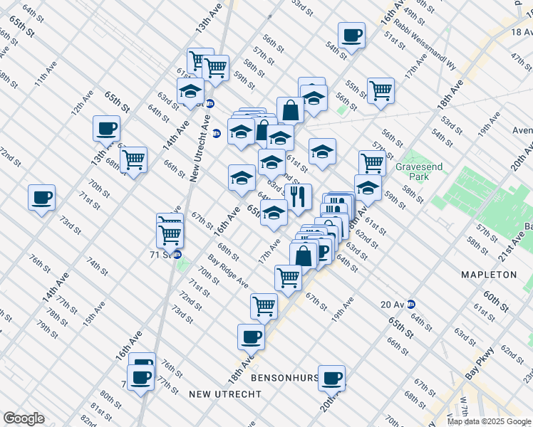 map of restaurants, bars, coffee shops, grocery stores, and more near 1647 65th Street in Brooklyn