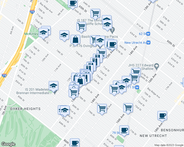 map of restaurants, bars, coffee shops, grocery stores, and more near 1268 73rd Street in Brooklyn