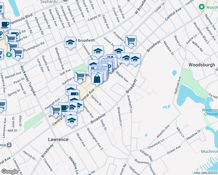 map of restaurants, bars, coffee shops, grocery stores, and more near 35 White Drive North in Cedarhurst