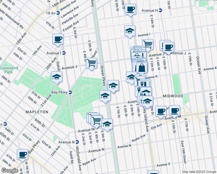 map of restaurants, bars, coffee shops, grocery stores, and more near 1115 Ocean Parkway Service Road in Brooklyn