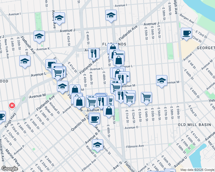 map of restaurants, bars, coffee shops, grocery stores, and more near 1611 East 48th Street in Brooklyn