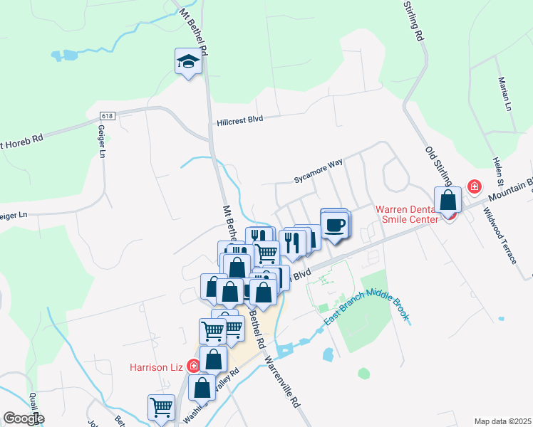 map of restaurants, bars, coffee shops, grocery stores, and more near 20 Cottonwood Lane in Warren