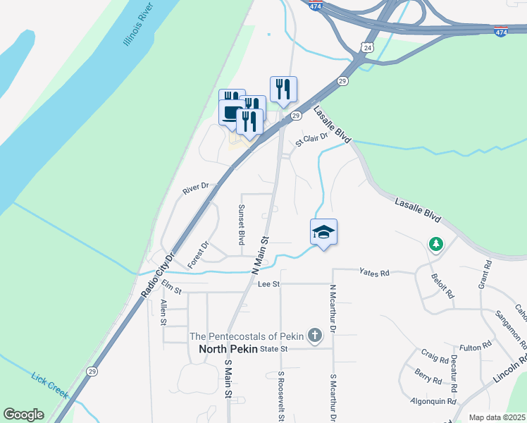 map of restaurants, bars, coffee shops, grocery stores, and more near 333 North Main Street in North Pekin