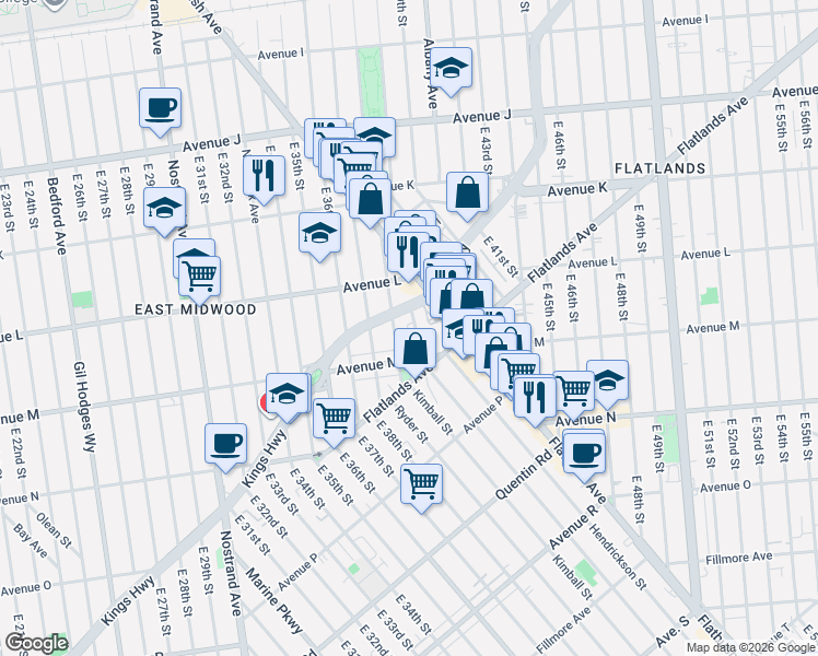 map of restaurants, bars, coffee shops, grocery stores, and more near 1343 East 38th Street in Brooklyn