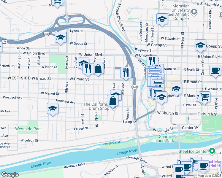 map of restaurants, bars, coffee shops, grocery stores, and more near 521 3rd Ave in Bethlehem