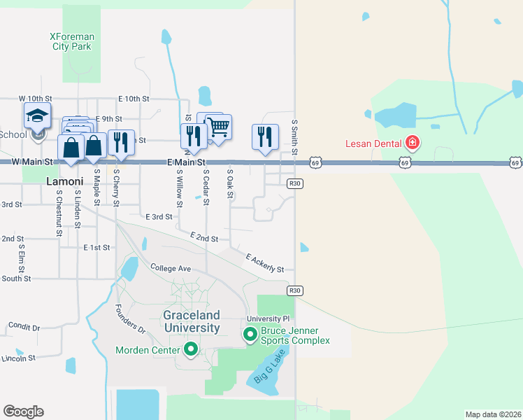 map of restaurants, bars, coffee shops, grocery stores, and more near 200 Crown Colony in Lamoni