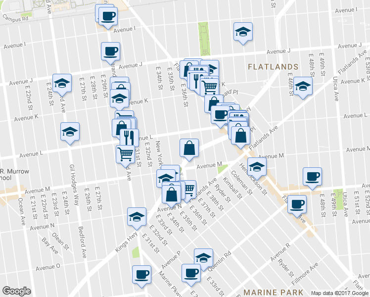 map of restaurants, bars, coffee shops, grocery stores, and more near 1335 East 35th Street in Brooklyn