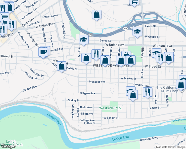 map of restaurants, bars, coffee shops, grocery stores, and more near 515 14th Avenue in Bethlehem