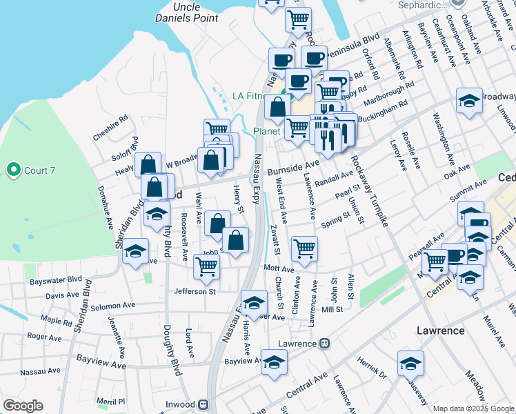 map of restaurants, bars, coffee shops, grocery stores, and more near Nassau Expressway in Inwood