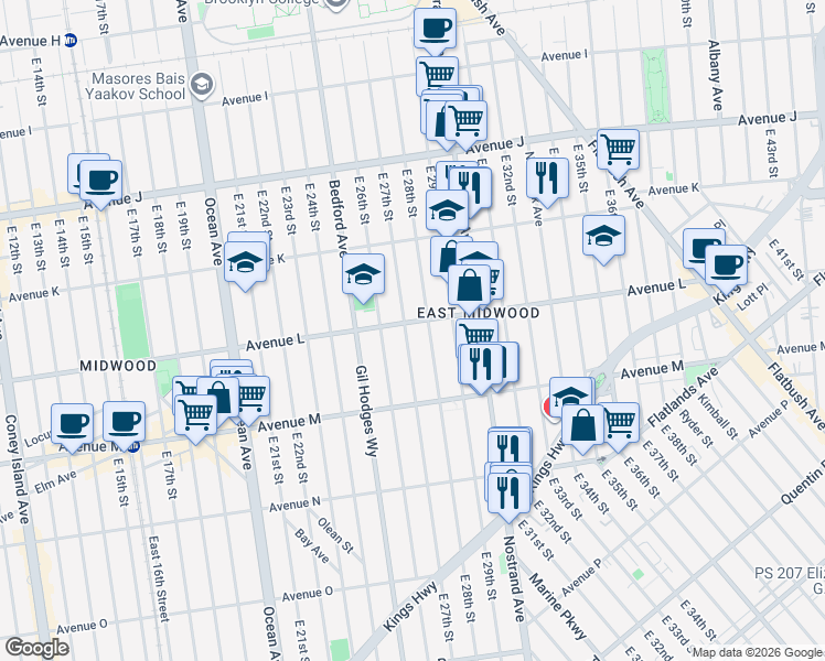 map of restaurants, bars, coffee shops, grocery stores, and more near 2708 Avenue L in Brooklyn