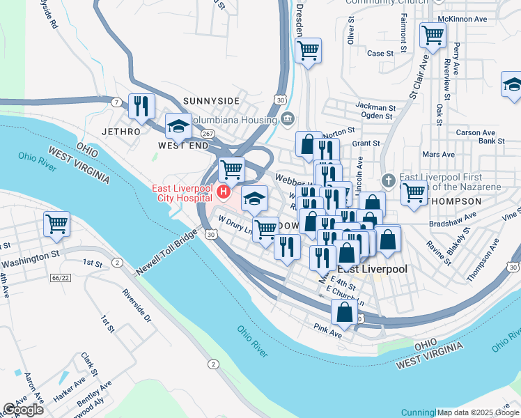 map of restaurants, bars, coffee shops, grocery stores, and more near 332 West 6th Street in East Liverpool