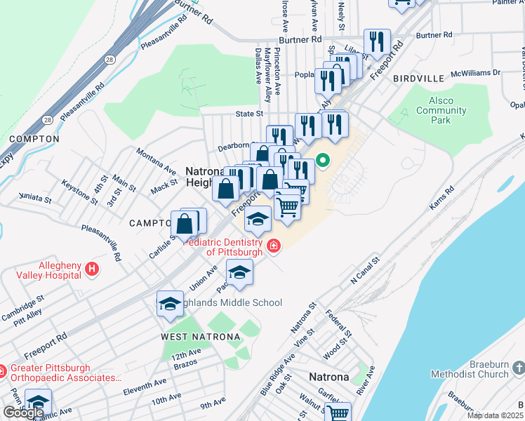 map of restaurants, bars, coffee shops, grocery stores, and more near 1623 Union Avenue in Natrona Heights