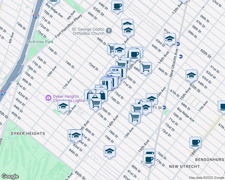 map of restaurants, bars, coffee shops, grocery stores, and more near 13th Avenue & 73rd Street in Brooklyn