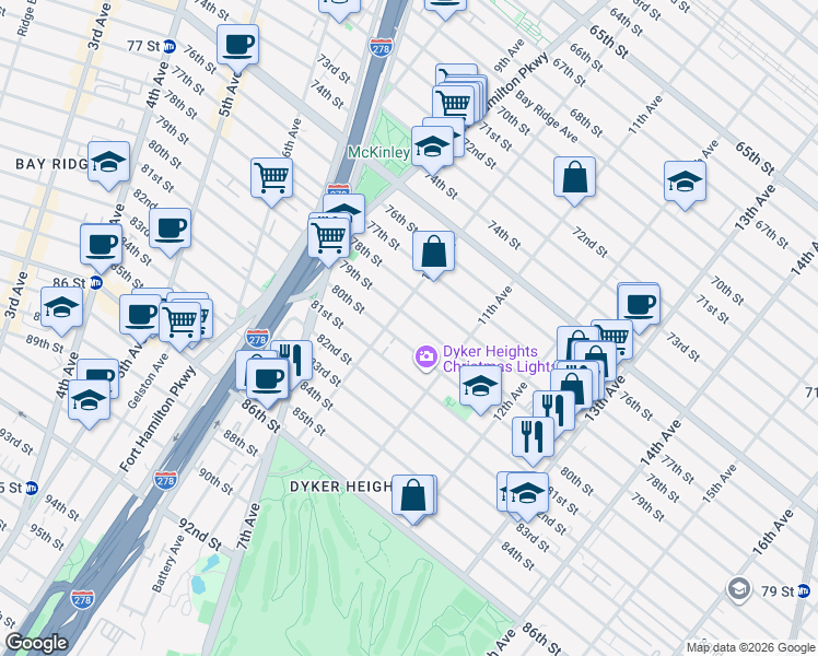map of restaurants, bars, coffee shops, grocery stores, and more near 1022 79th Street in Brooklyn