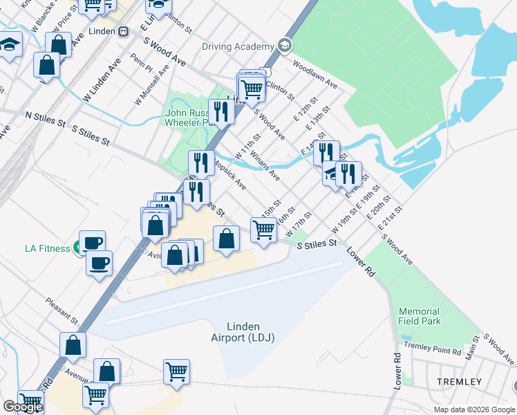 map of restaurants, bars, coffee shops, grocery stores, and more near 1408 Mopsick Avenue in Linden
