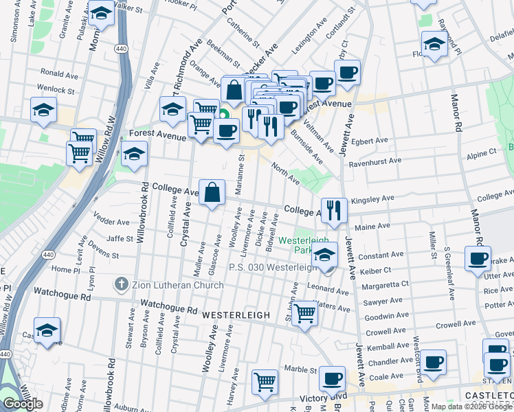 map of restaurants, bars, coffee shops, grocery stores, and more near 101 Livermore Avenue in Staten Island