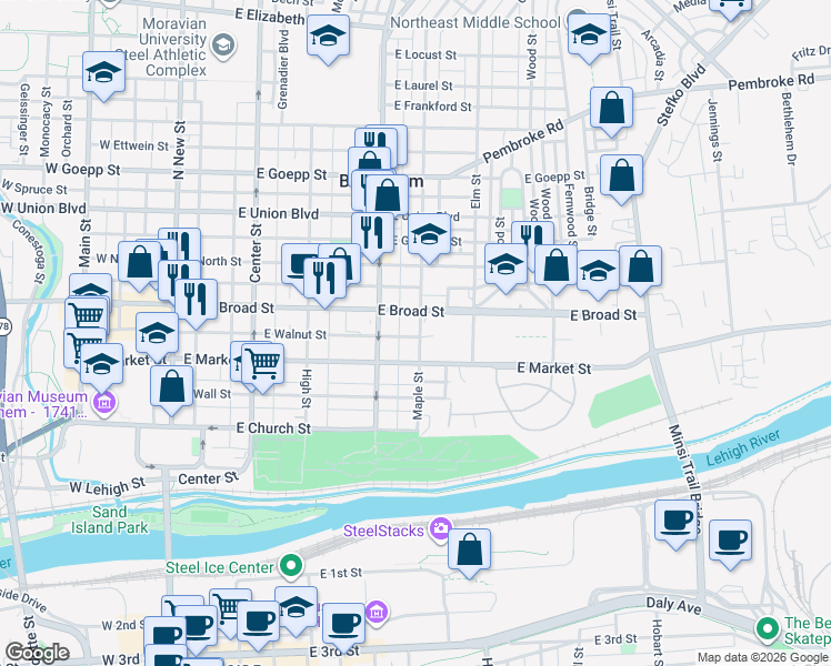 map of restaurants, bars, coffee shops, grocery stores, and more near 527 Maple Street in Bethlehem