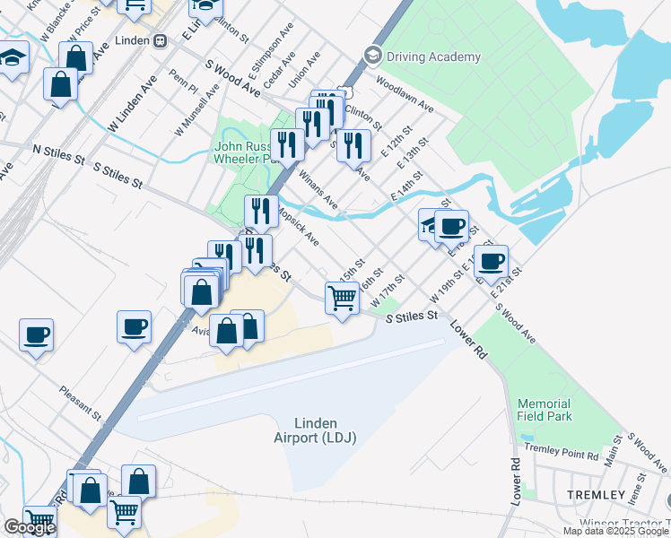 map of restaurants, bars, coffee shops, grocery stores, and more near 1408 Mopsick Avenue in Linden