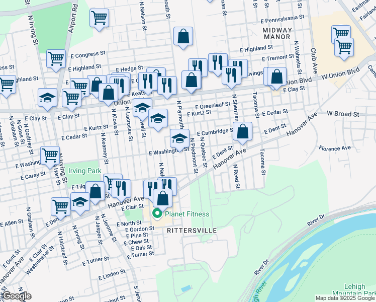 map of restaurants, bars, coffee shops, grocery stores, and more near 751 North Plymouth Street in Allentown