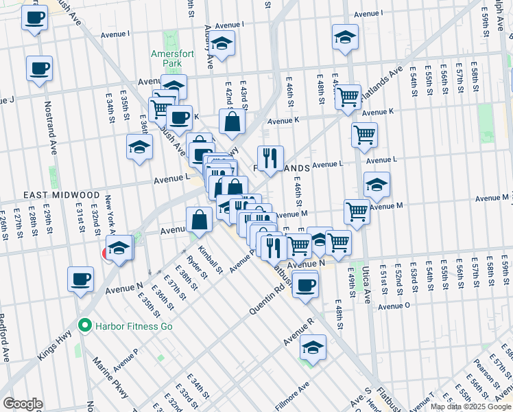 map of restaurants, bars, coffee shops, grocery stores, and more near 1601 East 43rd Street in Brooklyn