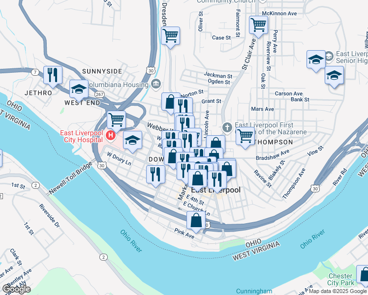 map of restaurants, bars, coffee shops, grocery stores, and more near 701 Dresden Avenue in East Liverpool