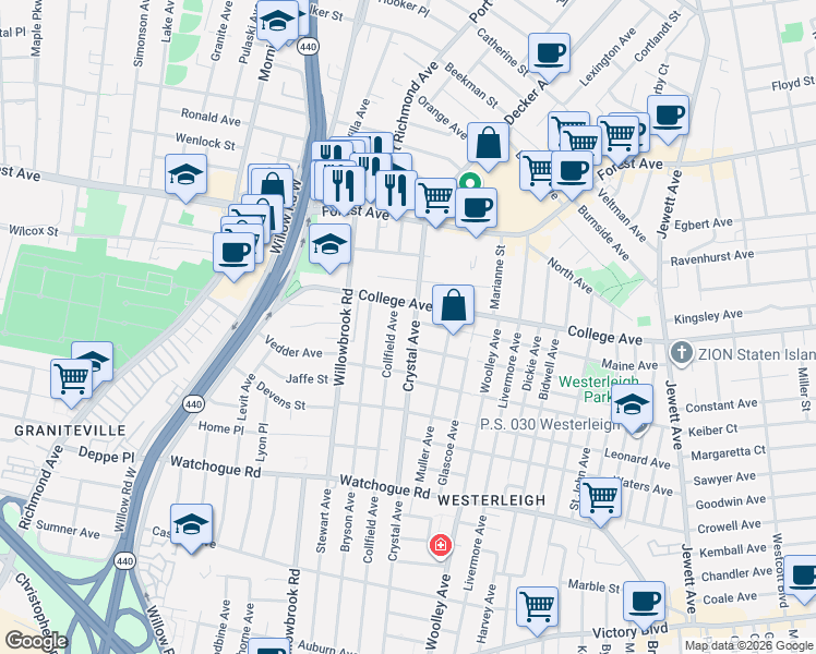 map of restaurants, bars, coffee shops, grocery stores, and more near 112 Crystal Avenue in Staten Island