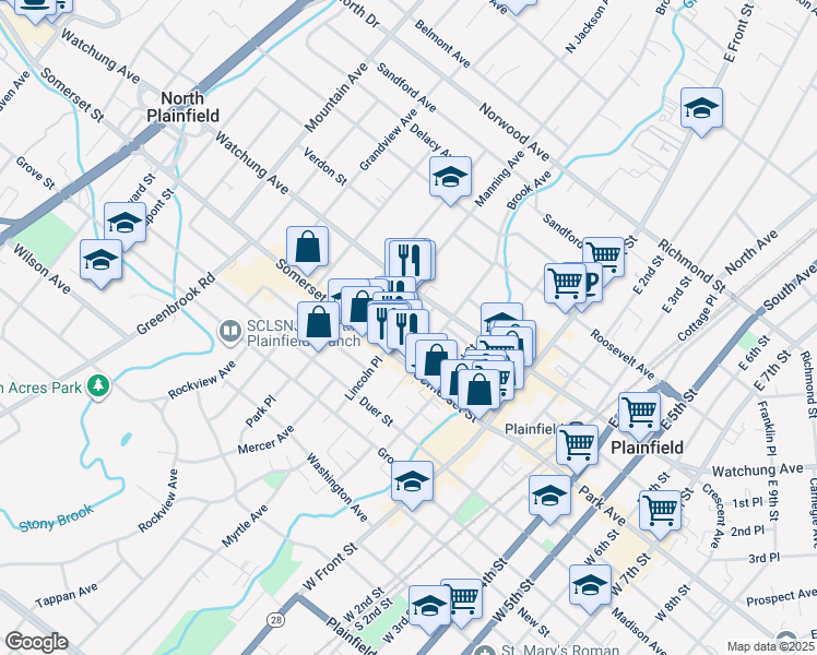 map of restaurants, bars, coffee shops, grocery stores, and more near 24 Race St in North Plainfield
