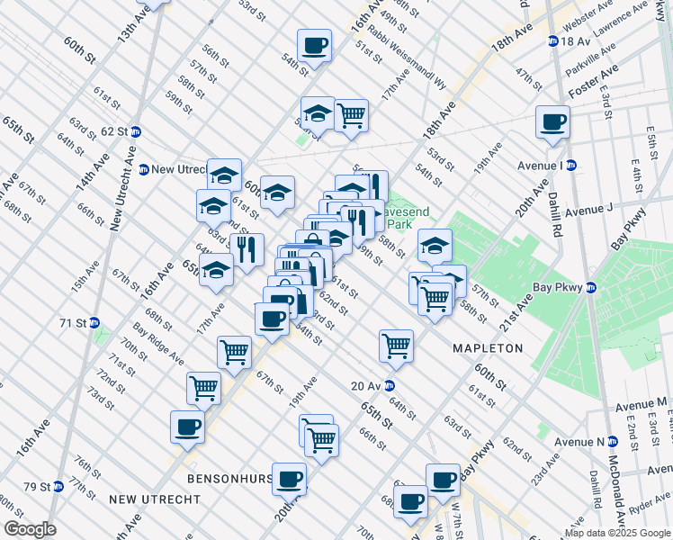 map of restaurants, bars, coffee shops, grocery stores, and more near 6015 18th Avenue in Brooklyn